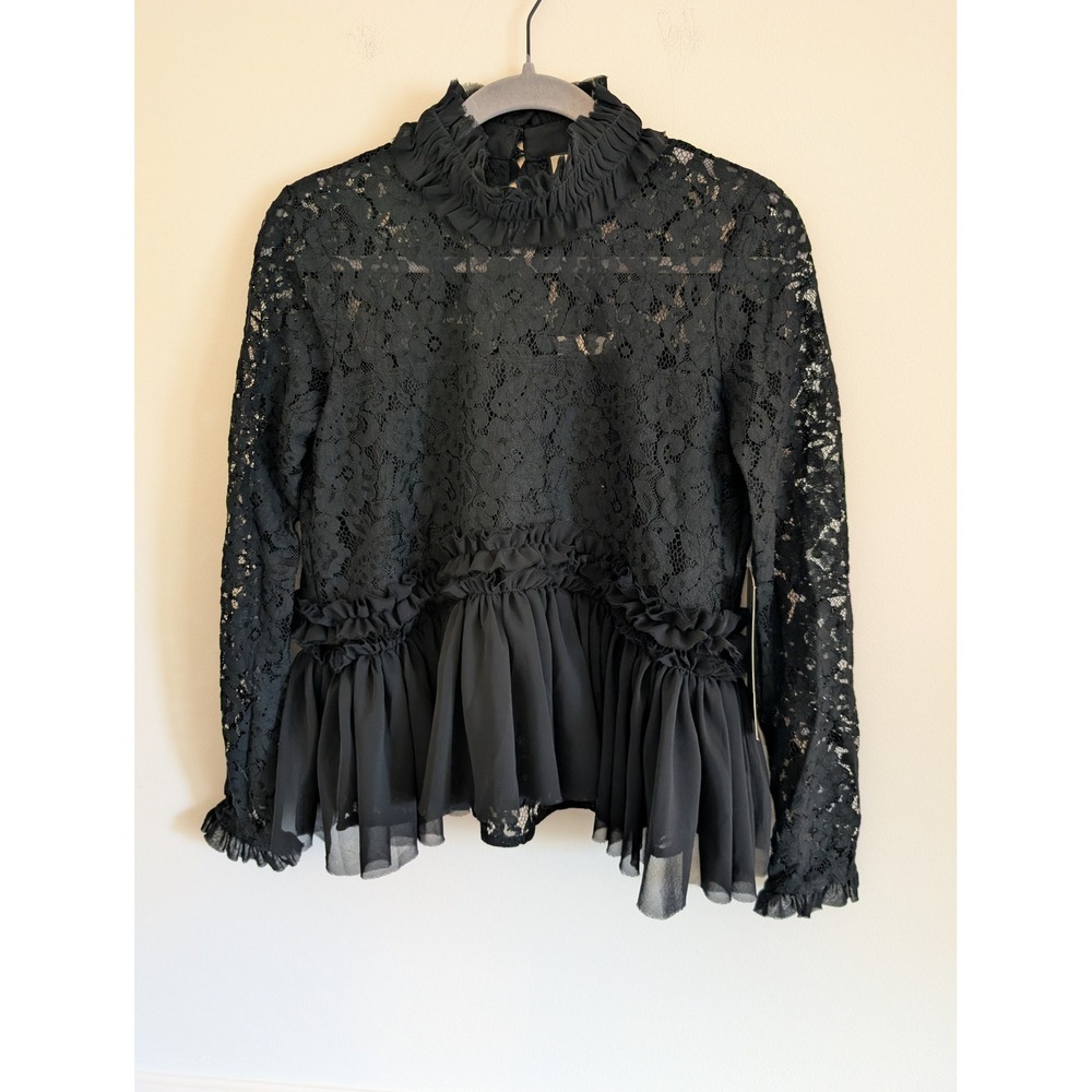 Tuckernuck Black Lace Myla Peplum Top Ruffle Mock Neck NWT Small goth night out